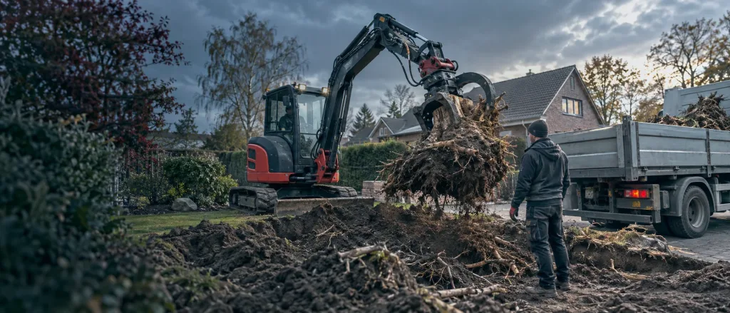 Baumwurzel mit Minibagger entfernen: Gerät, Greifer und Abtransport planen | Ziel Baumaschinen