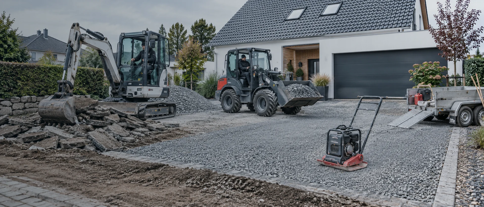 Einfahrt erneuern: Maschinen für Aushub, Schotter und Verdichtung planen | Ziel Baumaschinen