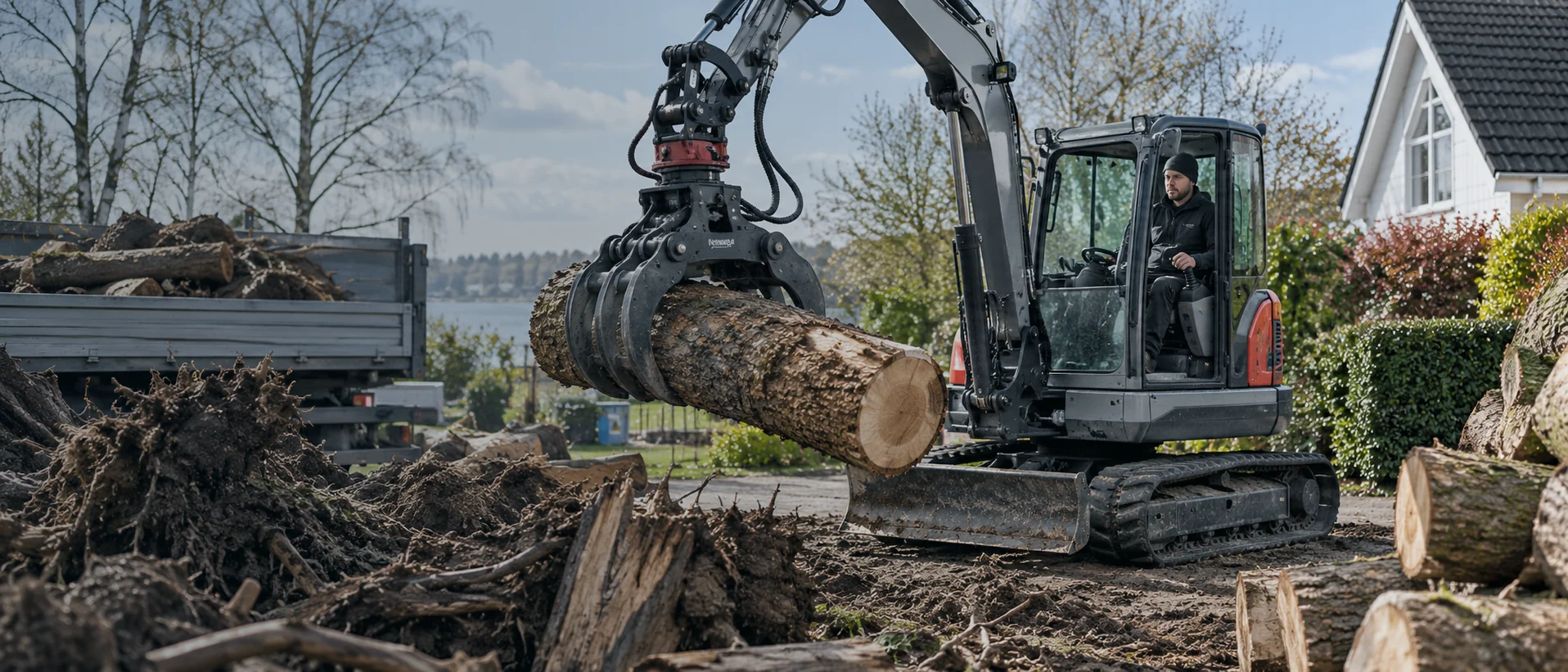 Minibagger mit Holzgreifer: Baumstämme und Wurzelholz kontrolliert bewegen | Ziel Baumaschinen